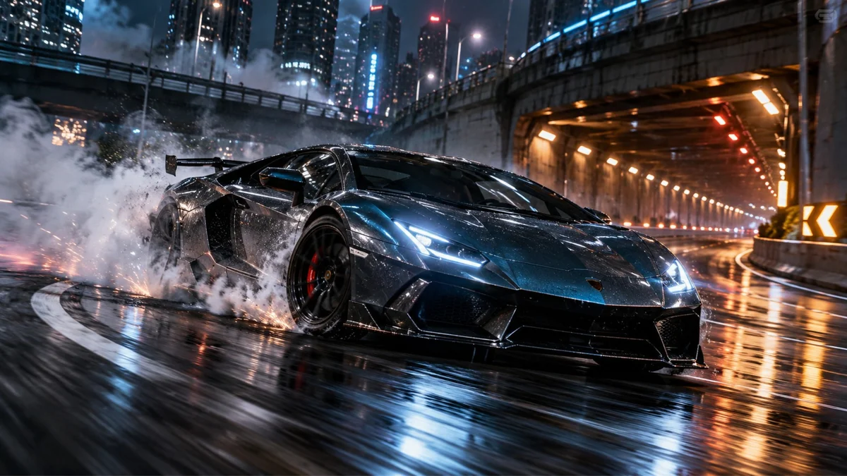 Dark luxury supercar drifting on a wet city road at night, surrounded by tire smoke, illuminated skyscrapers, and blue and orange neon reflections.