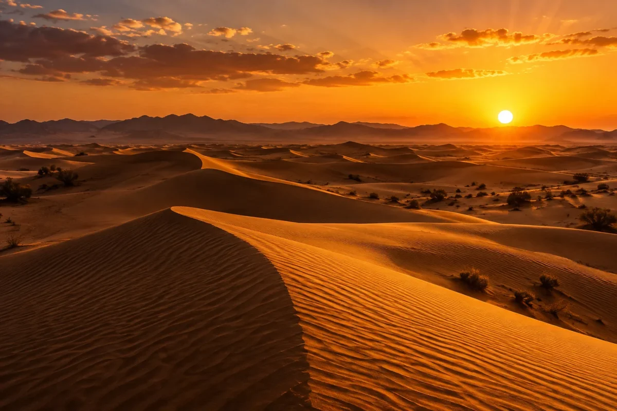Golden sand dunes with detailed ripples under a vibrant orange sunset, with distant mountains and dramatic clouds on the horizon.