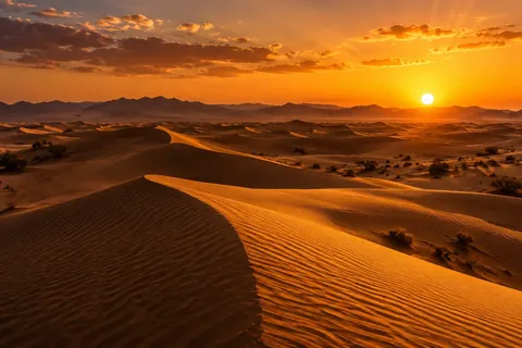 Golden sand dunes with detailed ripples under a vibrant orange sunset, with distant mountains and dramatic clouds on the horizon.