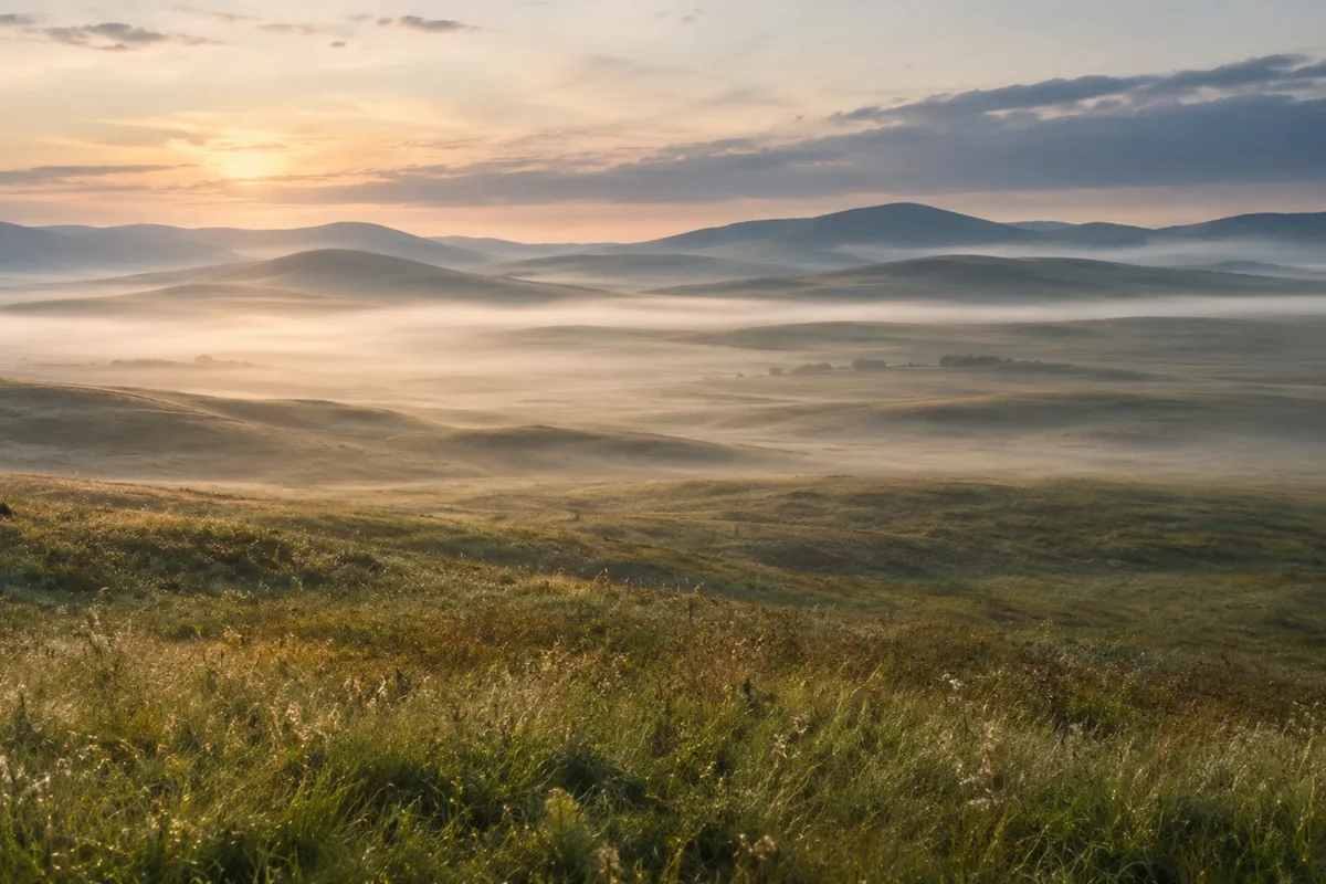 Misty steppe landscape with rolling green and golden hills, soft morning fog drifting through valleys, and warm sunrise light beneath a cloudy sky.