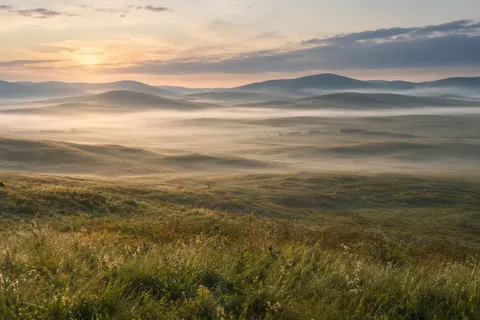 Misty steppe landscape with rolling green and golden hills, soft morning fog drifting through valleys, and warm sunrise light beneath a cloudy sky.