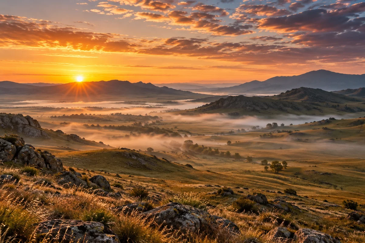 Panoramic steppe valley with golden grasslands, rocky hills, drifting morning fog, distant mountains, and a brilliant orange sunrise illuminating the cloudy sky.