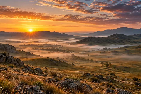 Panoramic steppe valley with golden grasslands, rocky hills, drifting morning fog, distant mountains, and a brilliant orange sunrise illuminating the cloudy sky.