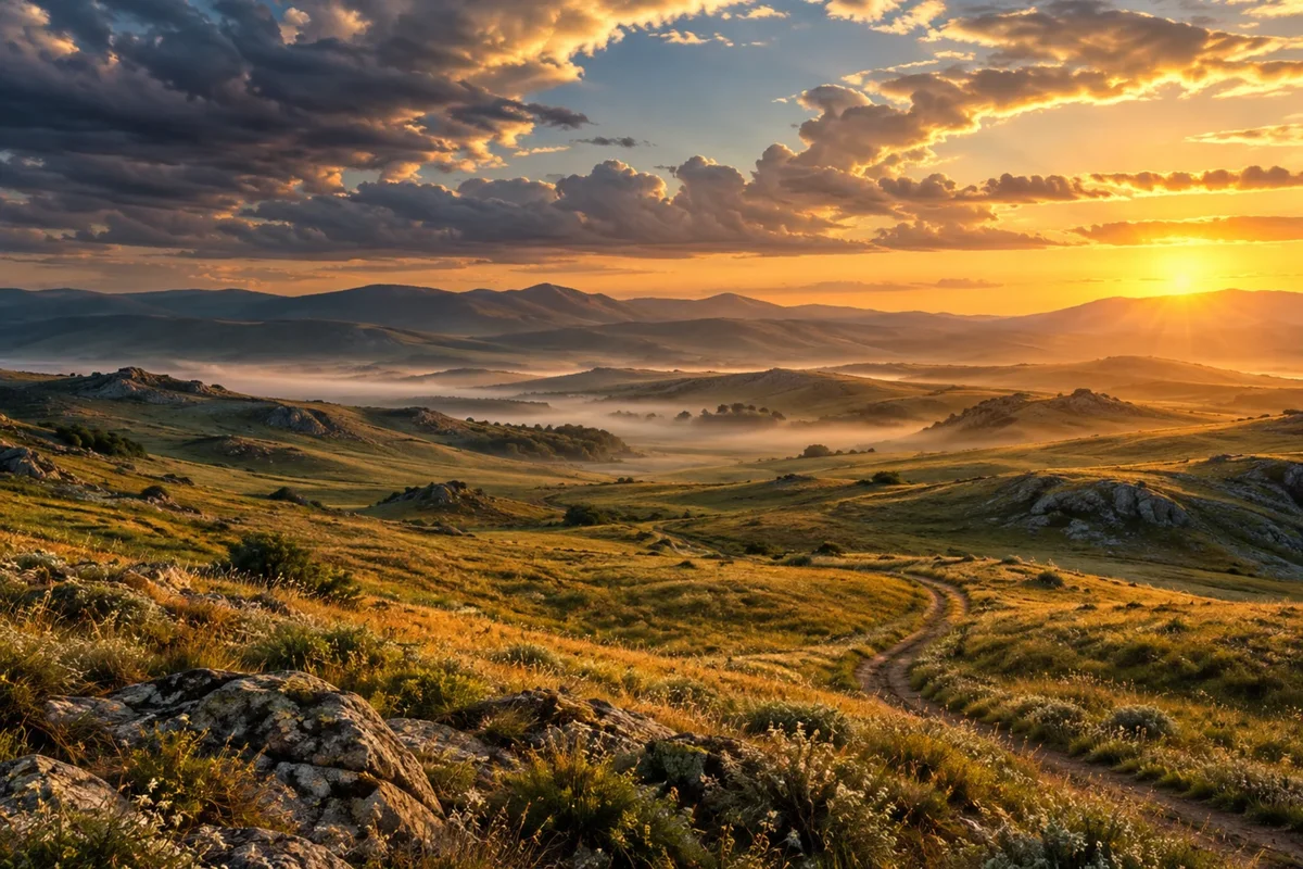 Winding path through golden steppe hills with rocky foreground, drifting mist in the valley, distant mountains, and dramatic clouds lit by warm sunset light.