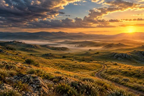 Winding path through golden steppe hills with rocky foreground, drifting mist in the valley, distant mountains, and dramatic clouds lit by warm sunset light.
