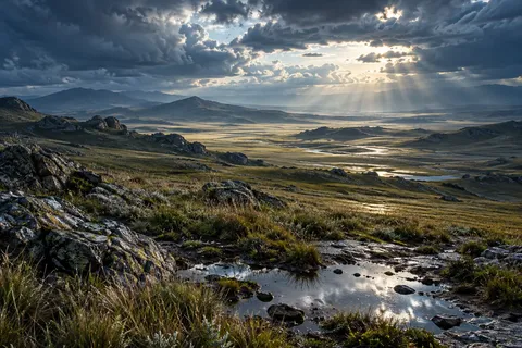 Dramatic steppe landscape with dark storm clouds, sunlight breaking through the sky, rocky grasslands, reflective water pools, and distant mountains.