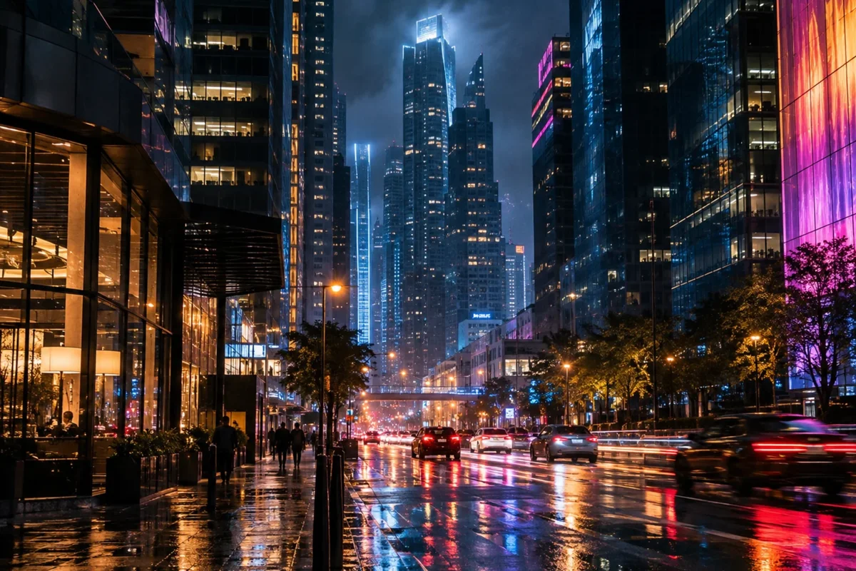 Cinematic nighttime cityscape with illuminated skyscrapers, colorful neon lights, passing cars, and vibrant reflections on rain-soaked streets.