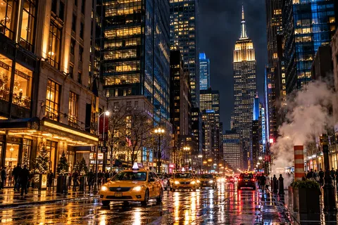 Cinematic nighttime view of Manhattan featuring yellow taxis, wet streets reflecting city lights, illuminated skyscrapers, and the Empire State Building.