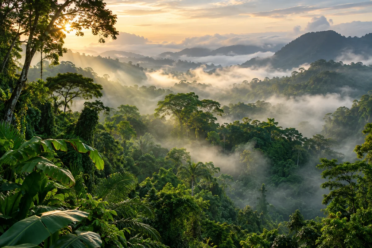 Misty tropical rainforest valley with golden sunrise rays, dense green jungle canopy, and atmospheric fog over distant mountains.