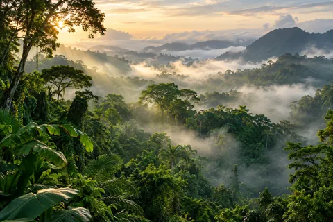 Misty tropical rainforest valley with golden sunrise rays, dense green jungle canopy, and atmospheric fog over distant mountains.